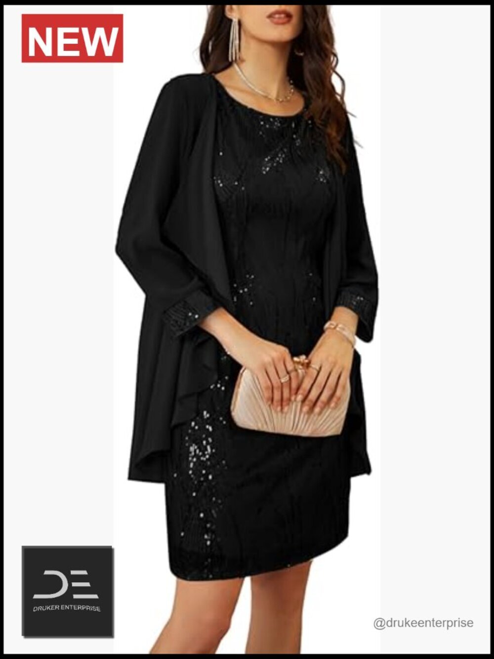 Sequin Two Piece Dress with Chiffon Jacket Knee Length Bodycon